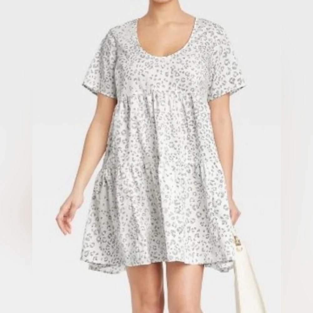 a new day Fluter Short Babydoll Dress Tiered White Animal Print Pockets Size (S)